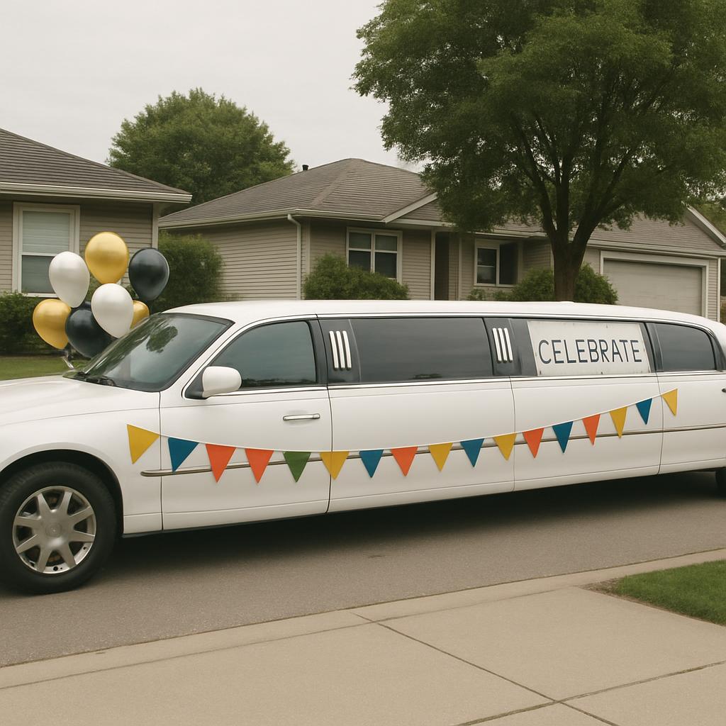 A white limousine with a party banner on its side and balloons on its rear lies on a suburban residential street as part o...