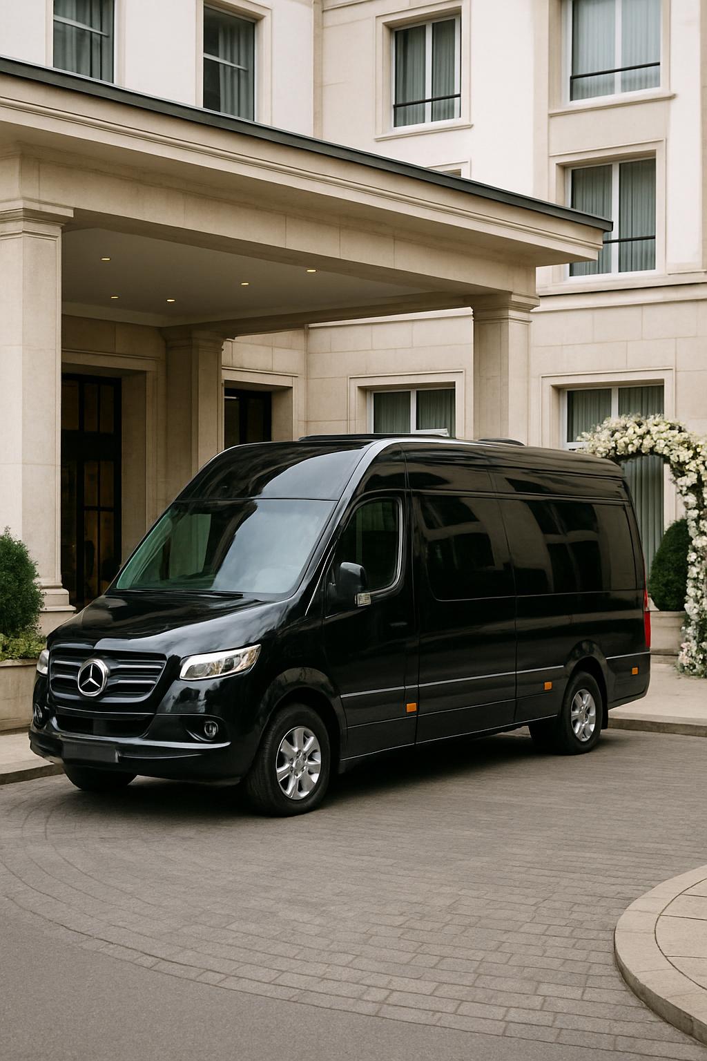 title A black luxury Mercedes-Benz Sprinter van with a prominent front Mercedes logo is situated in front of a luxurious-looking...