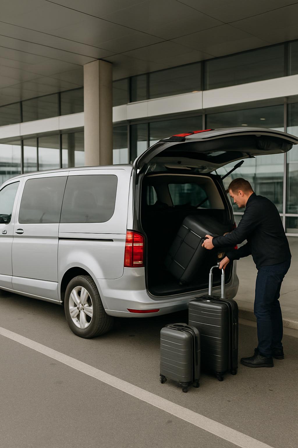 A young man unloads a black suitcase from the back of a minivan, echoing a common travel scenario at an airport or station.