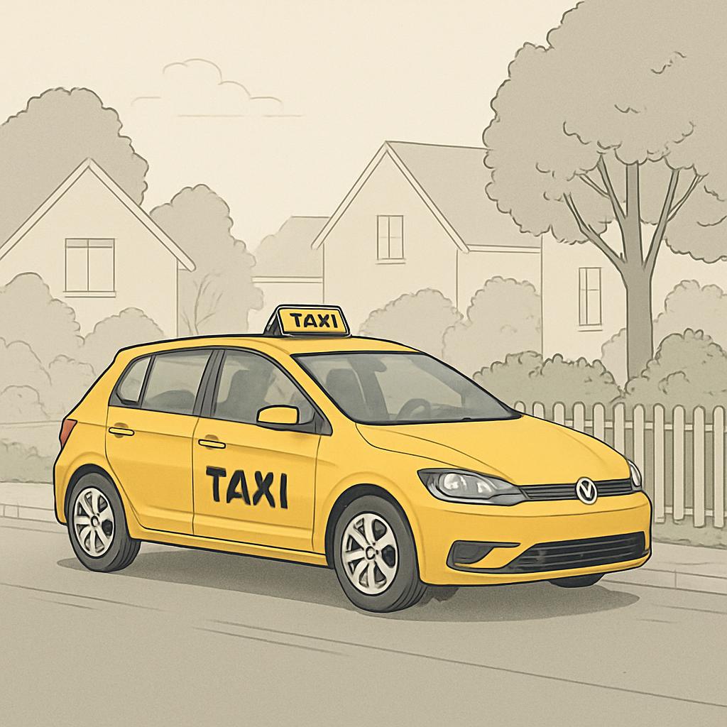 Yellow family car with "TAXI" written on the door, parked in front of two buildings and a tree.